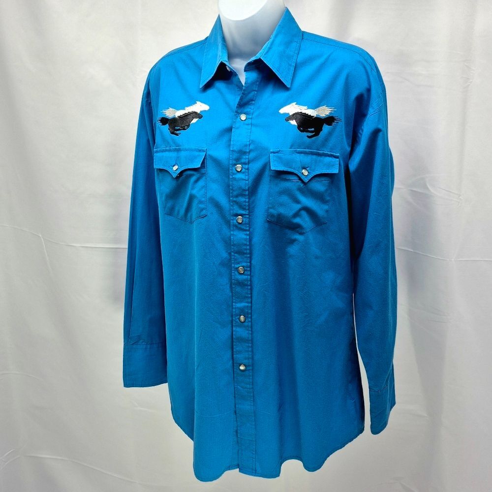 VINTAGE Blair Western Pearl Snap Shirt Blue Embroidered Eagles Cowboy Medium